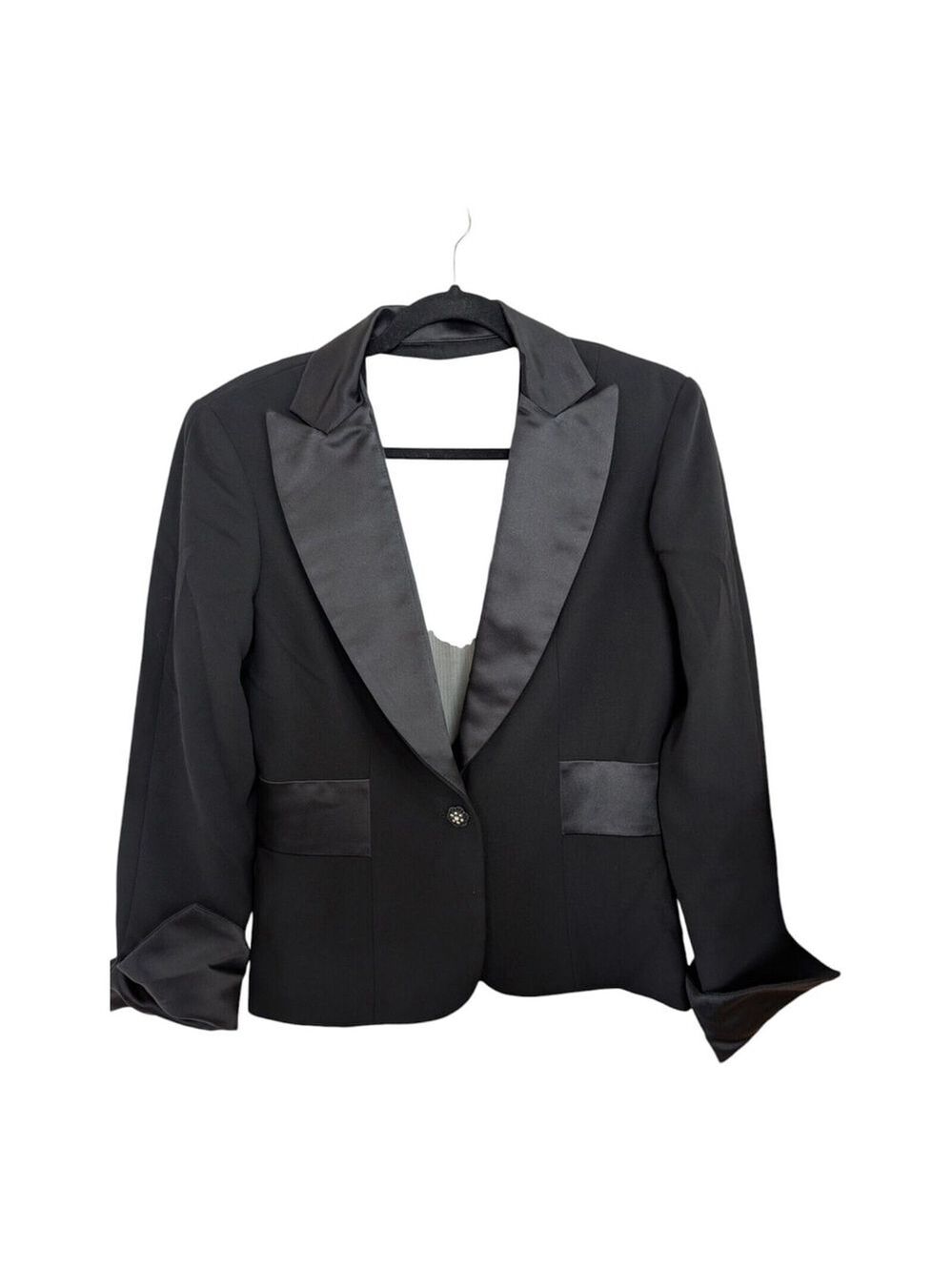 VTG Carina Jacket Women Black w/Sheer Back Insert & Satin Accents Size 8 Flaw